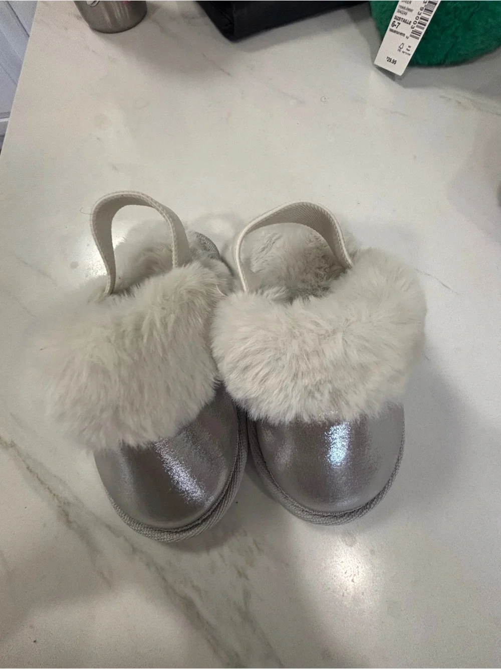 Toddler Girl Metallic Silver Faux Fur Slippers w/ Elastic Back Strap Sz 7-8